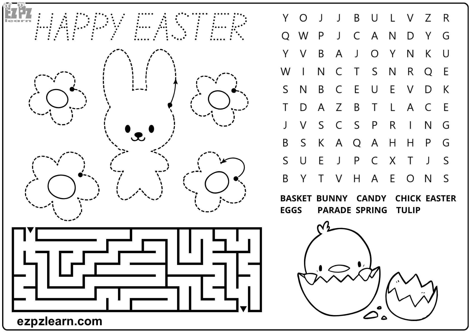 Happy Easter Activity for kids Word Search, Tracing, Coloring, and Maze pdf